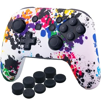 YoRHa Studded Silicone Transfer Print Cover Skin Case ONLY for Nitendo Official Switch Pro Controller x 1Graffiti with Pro Thumb Grips x 8
