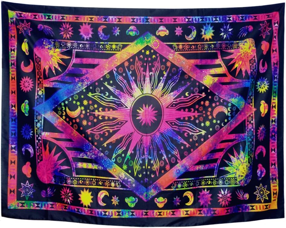 Racunbula Tapestry Psychedelic Celestial Sun and Moon Tapestry Bohemian Stars Planet Wall Tapestries Tie Dye Purple Burning Sun Tapestry Galaxy Mandala Boho Hippie Tapestry Wall Hanging