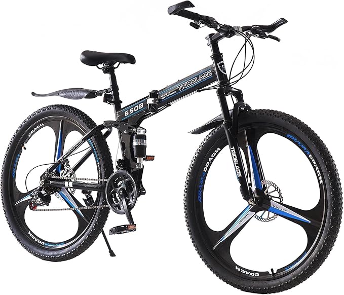 BSTSEL 24 26 27.5Inch Adult Folding Mountain Bike, Dual Suspension Mens Mountain Bikes with 3-Spoke Wheel, 21 Speed Mens and Womens Foldable Mountain Bicycle