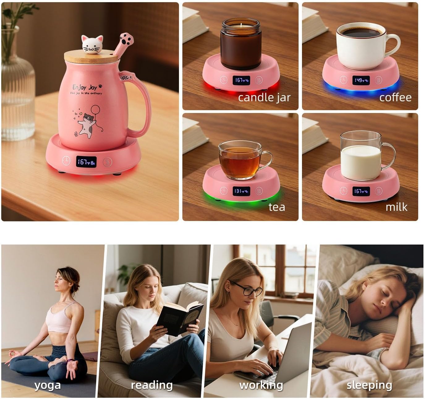 Electric Coffee Mug Warmer Set Cute Cat Cup Warmer for Desk, 1-9H Delay Start Timer Candle Beverage Coffee Warmer with 3 Temperature Setting, Ideas for Women