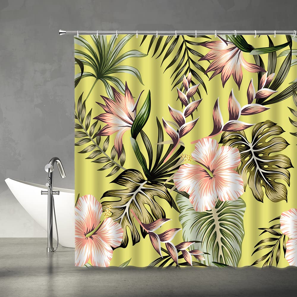 YSATNSFT Tropical Shower Curtain Plam Leaves Floral Plant Hawaiian Leaf Hibiscus Flower Summer Exotic Vintage Botanical Fabric Bathroom Decor Set Include Hooks,(70" WX70 H)