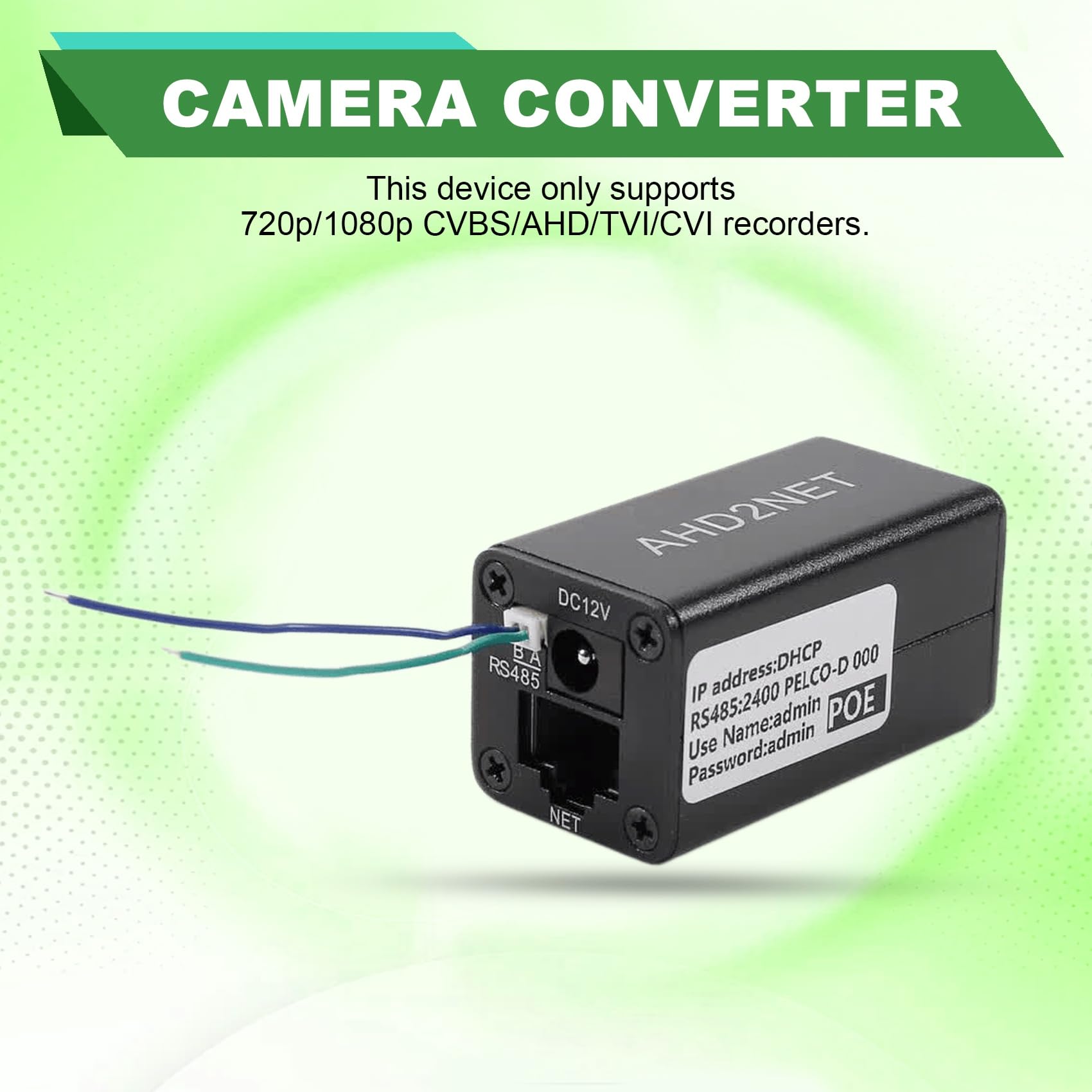Convertitore CVBS/TVI/AHD/CVI a IP 1080p, PoE, RJ45 RS485 NVR