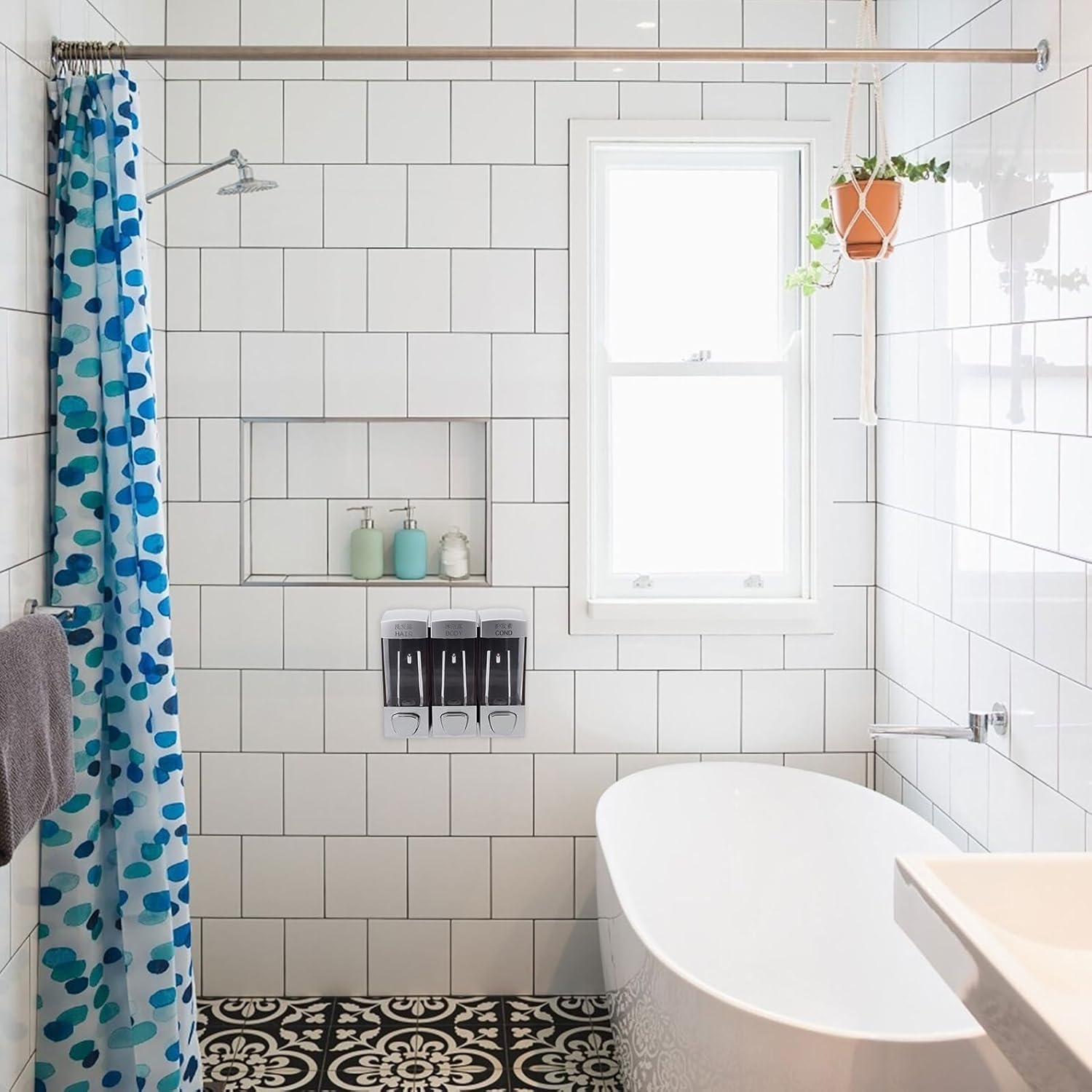 Wall-Mounted Triple Outlet Shampoo Pump Dispenser with Transparent Spring Design for Bathroom Shower Gel Conditioner Liquid Soap Storage Easy Install with Dual Language Logo for