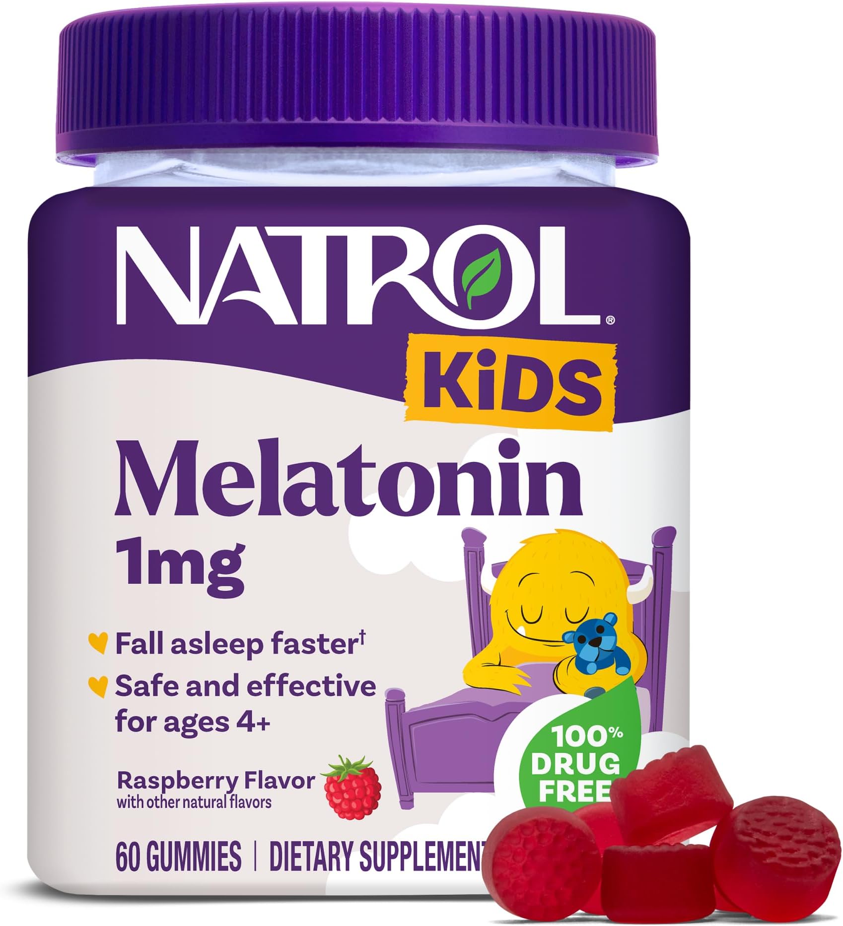 Natrol Kids Melatonin Gummies 1mg, Children's Melatonin for Restful Sleep, 60 Raspberry-Flavored Sleep Gummies, 60 Day Supply
