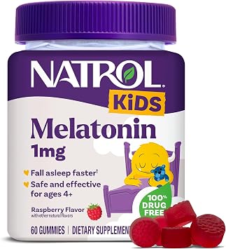 Natrol Kids Melatonin Gummies 1mg, Childrens Melatonin for Restful Sleep, 60 Raspberry-Flavored Sleep Gummies, 60 Day Supply