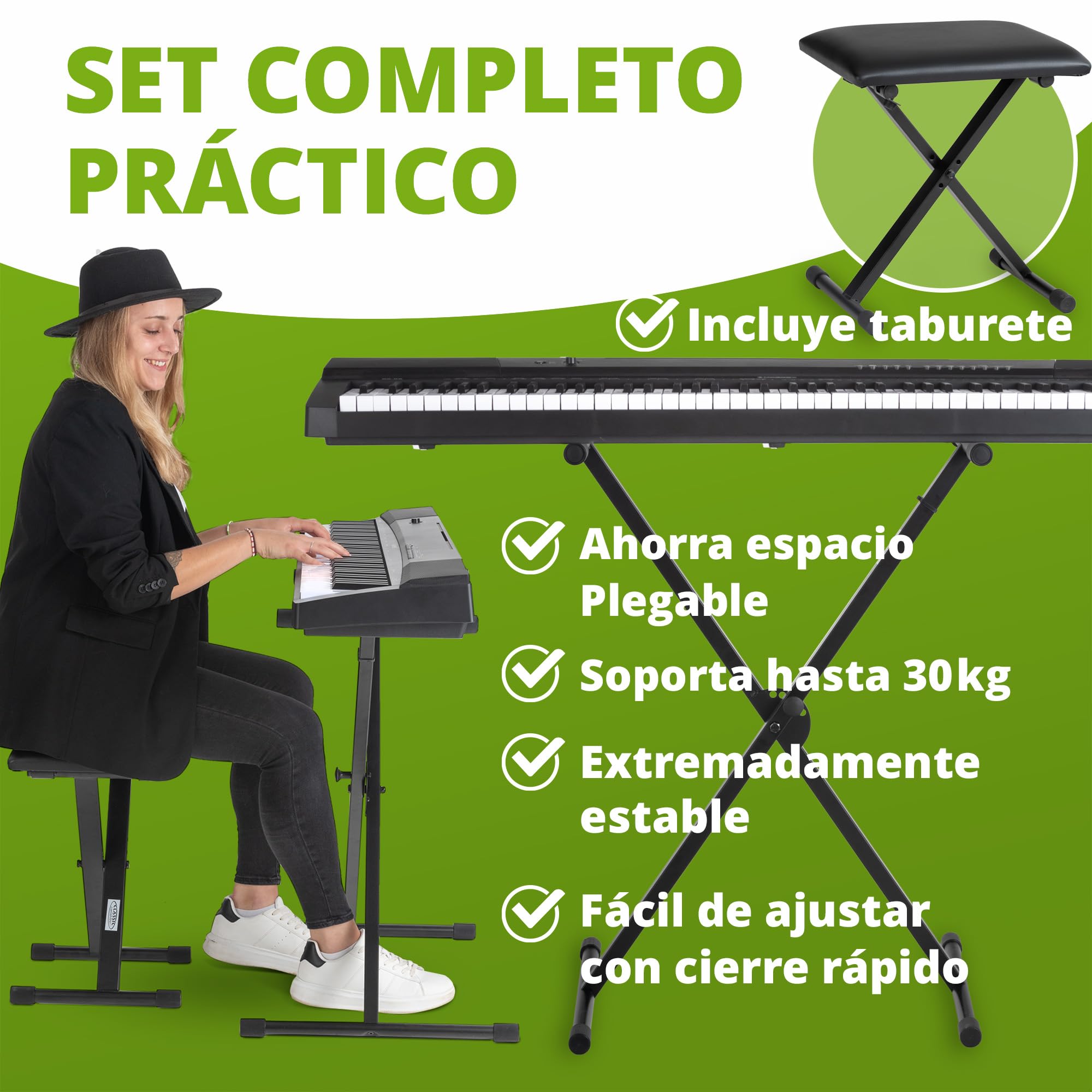Classic Cantabile Set de Teclado Soporte de Teclado en X Ajustable en 5 Alturas - Banco para Teclado Acolchado Ajustable en 3 Alturas – Soporte Plegable Estable y banqueta cómoda - Negro