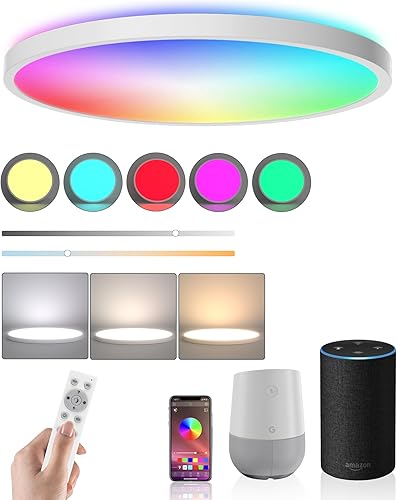 Lámpara de techo LED regulable con montaje empotrado, panel RGB inteligente Alexa Google Home WiFi con control remoto para sala de estar,