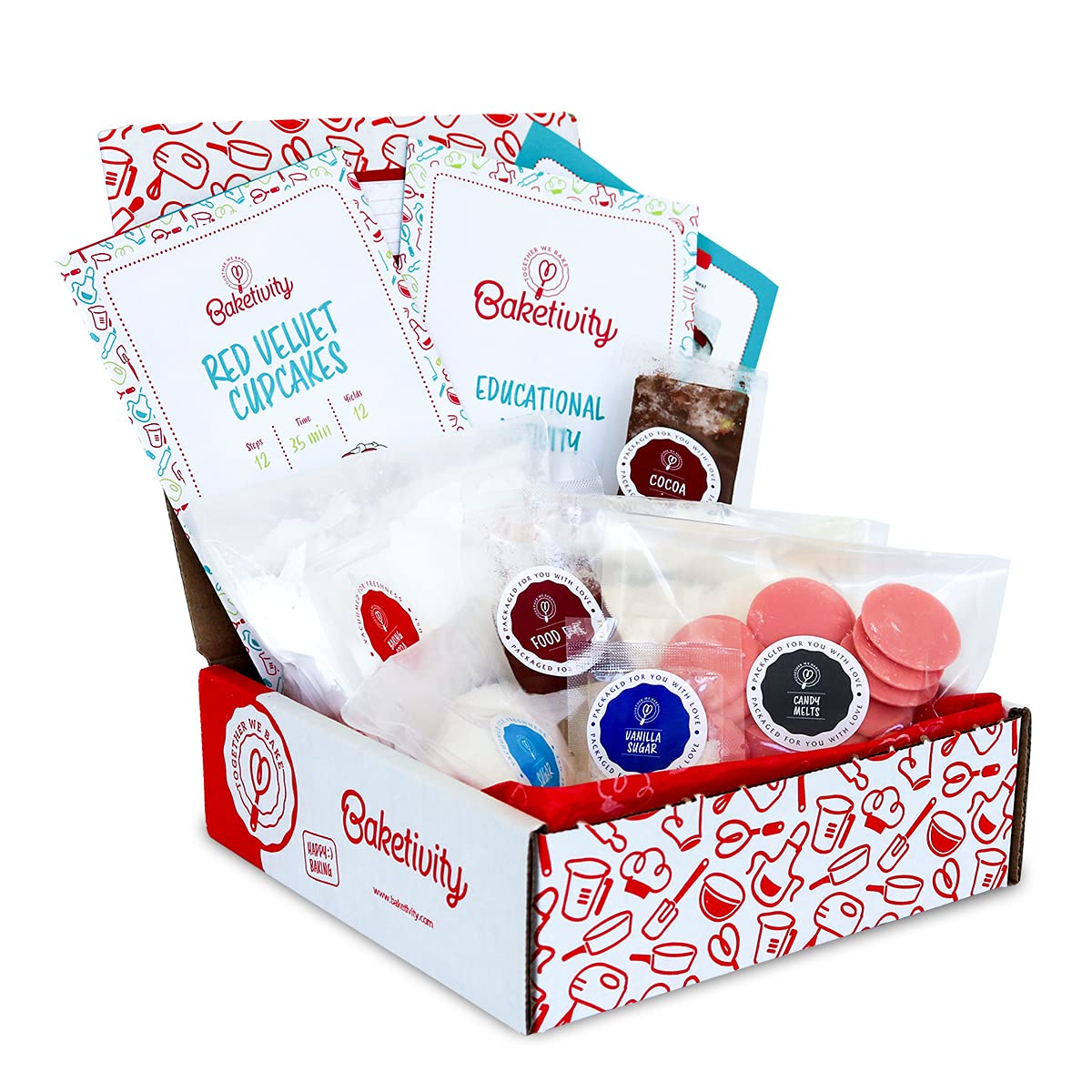 Baketivity Kids Baking Set, Meal Cooking Party Supply Kit for Teens, Real Fun Little Junior Chef Essential Kitchen Lessons, Includes Pre-Measured Ingredients (Baketivity Kit, Red Velvet)