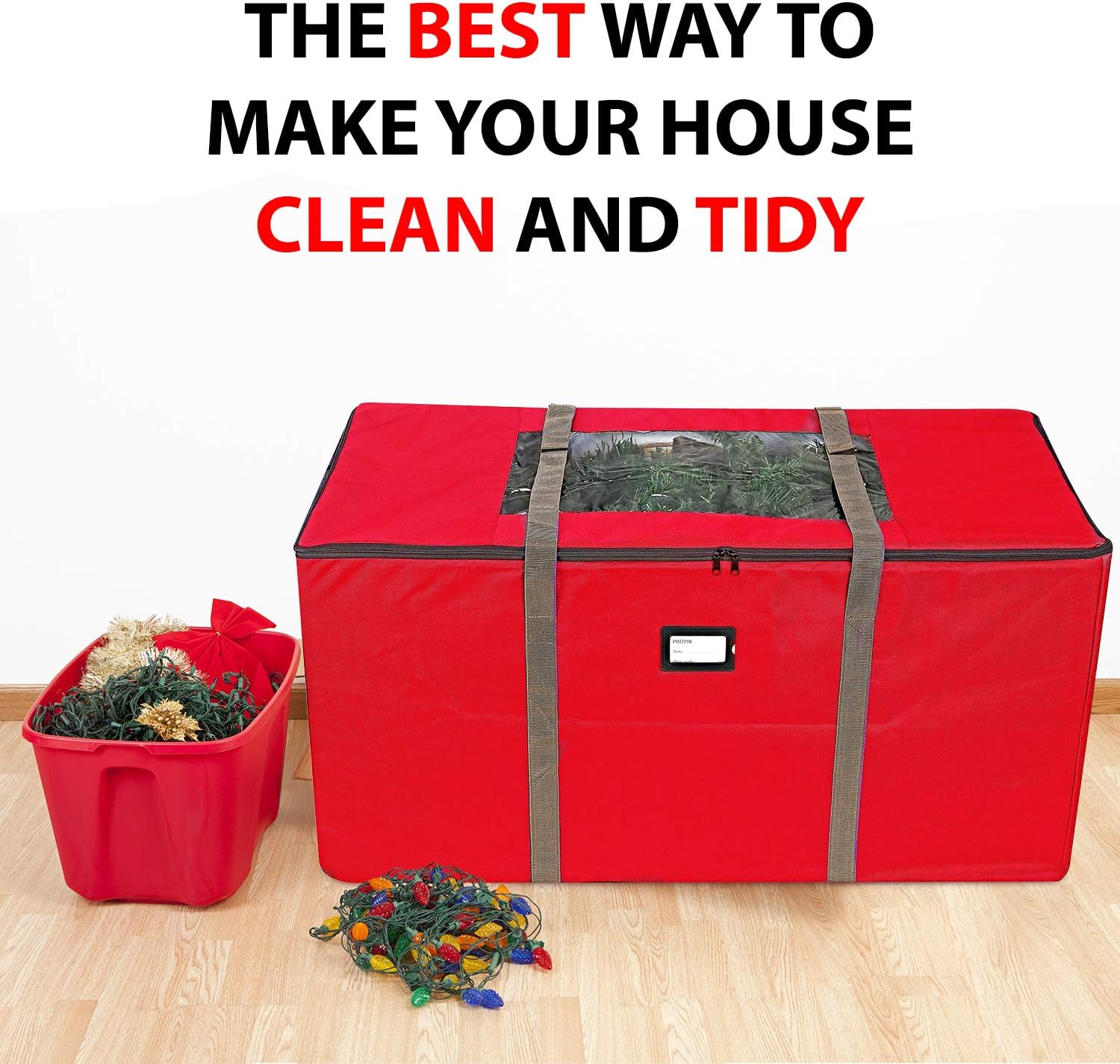 ProPik Rolling Christmas Tree Storage Bag, Fits Up to 9 Foot Tall Disassembled Trees, 25" X 25" X 60", Extra Large Heavy Duty Xmas Container with Wheels, Handles and Straps (Red)