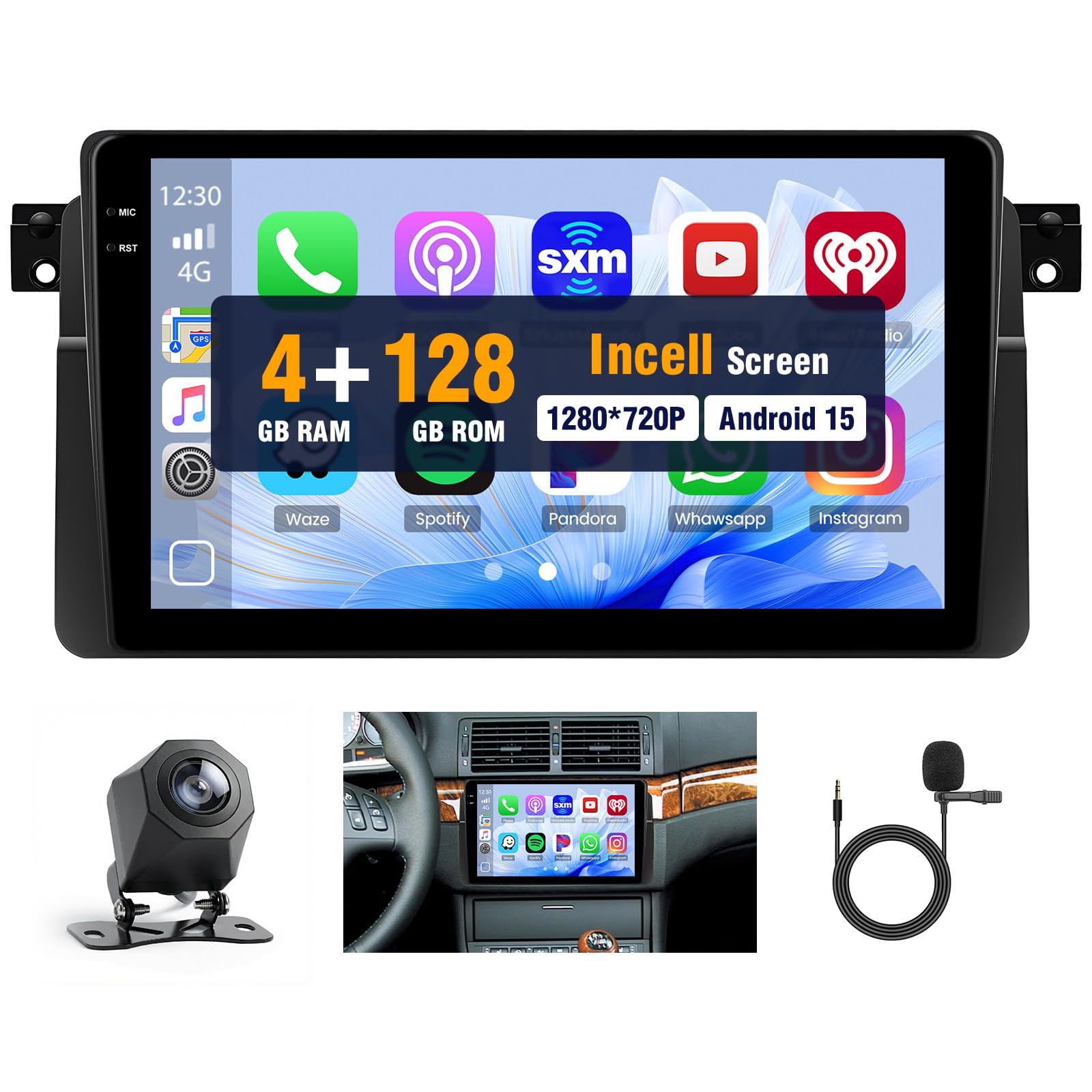 Hikity 4+128G Android Autoradio pour BMW E46 1999-2005 sans Fil Carplay, 9 Pouces Incell écran Tactile pour Voiture avec Bluetooth 5.0/GPS/FM/RDS/EQ/SWC/Caméra de Recul