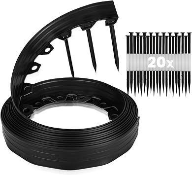 GARDENIX Lawn Edging 6cm high - 33ft long Black Flexible Garden Edging Border with Easy Dig Installation & Reinforced Plastic Pegs, Ideal for Flowerbeds, Lawn, Grass, Pavement - Easy to Cut