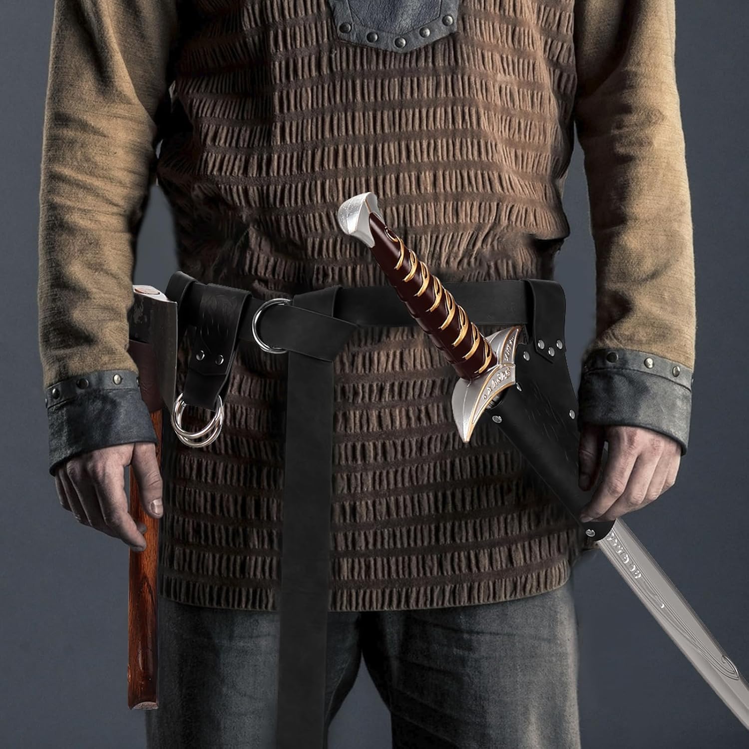 Ultrafun Renaissance Accessories Medieval Belt Skirt Hike Sword Frog Axe Holster for Halloween Knight Pirate Costume (Black) - Image 3