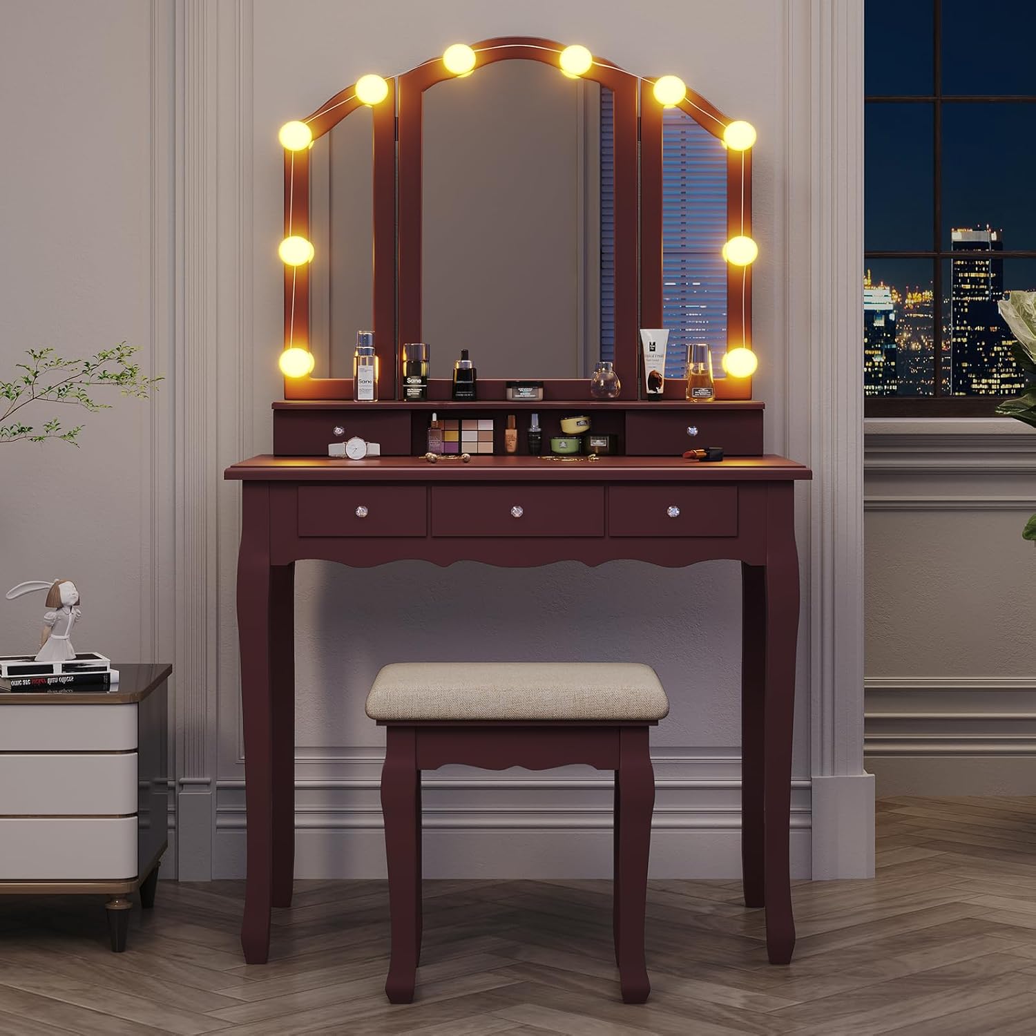 Tiptiper Vanity Desk, Makeup Vanity with Lighted Tri-Folding Mirror & Stool, Vanity Table Set with 10 LED Light Bulbs & 3 Color Lighting Modes, Makeup Table with 5 Storage Drawers, Brown