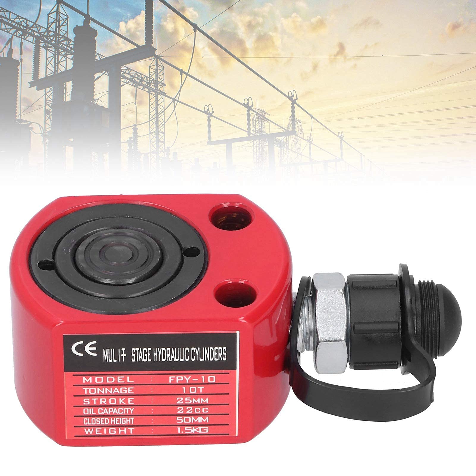 Cilindro Hidráulico 10T Gato de Ariete Hidráulico Rojo Herramienta Eléctrica de émbolo de Agujero Hueco Separado 50 mm de Altura