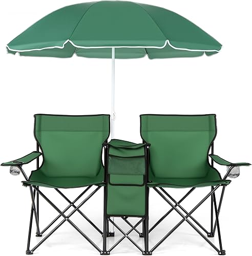 Vista 15 de Goplus Silla de campamento doble con paraguas, sillas plegables de dos plazas con toldo, bolsa de transporte, mesa, soporte para tazas, sillas