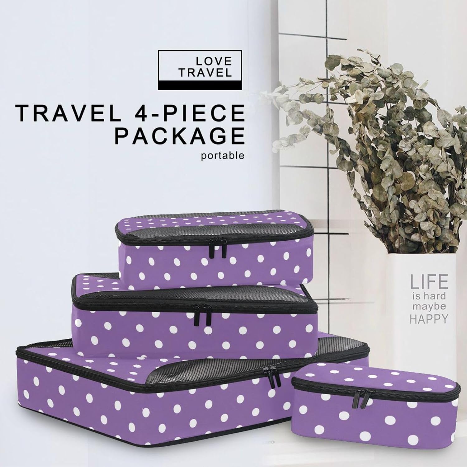 White Irregular Dots 4 Pcs set organizer for luggage Mesh Travel Essentials portable set compression packing