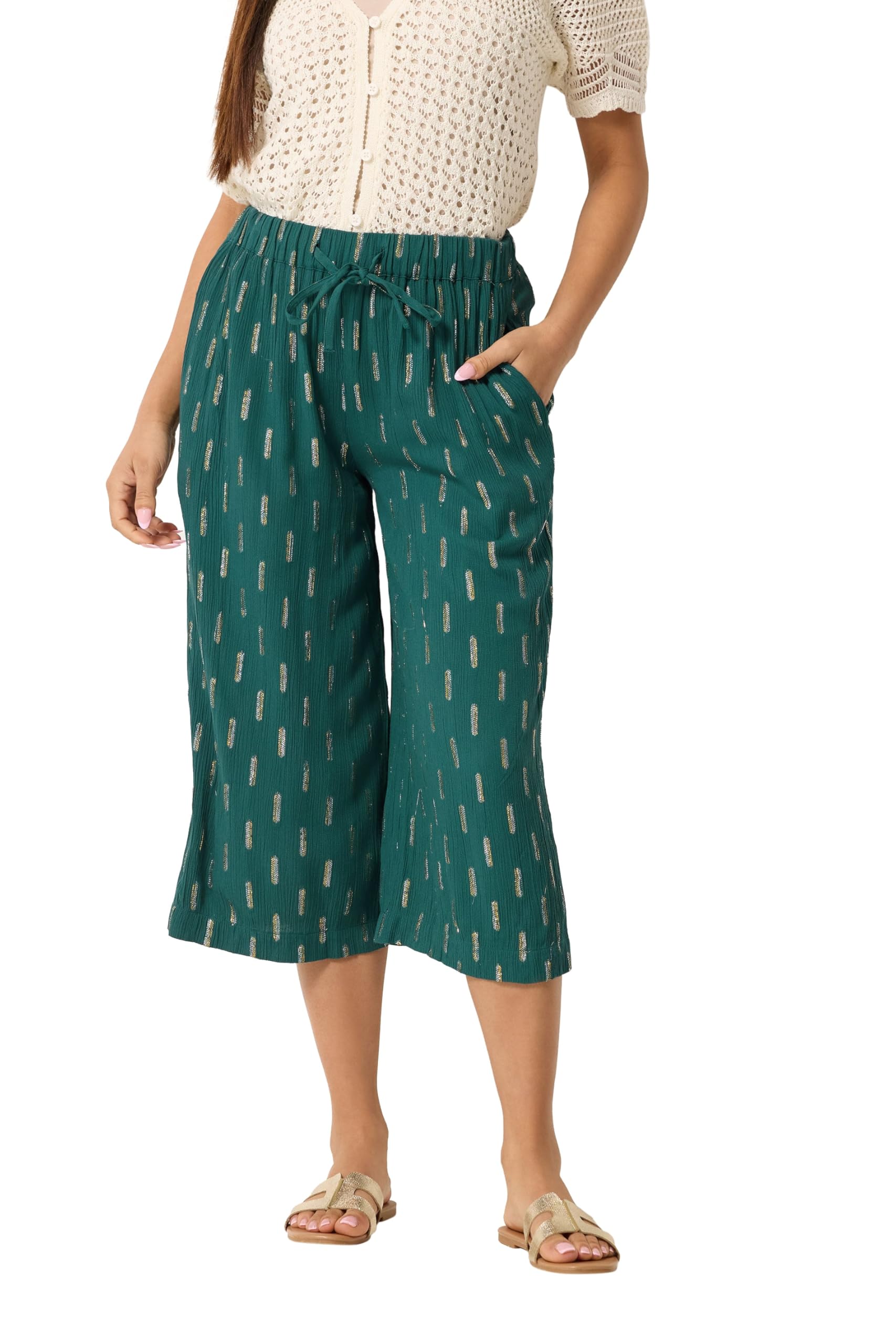 M&Co Women's Teal Petite Green Dobby Foil Detail Cropped Trousers