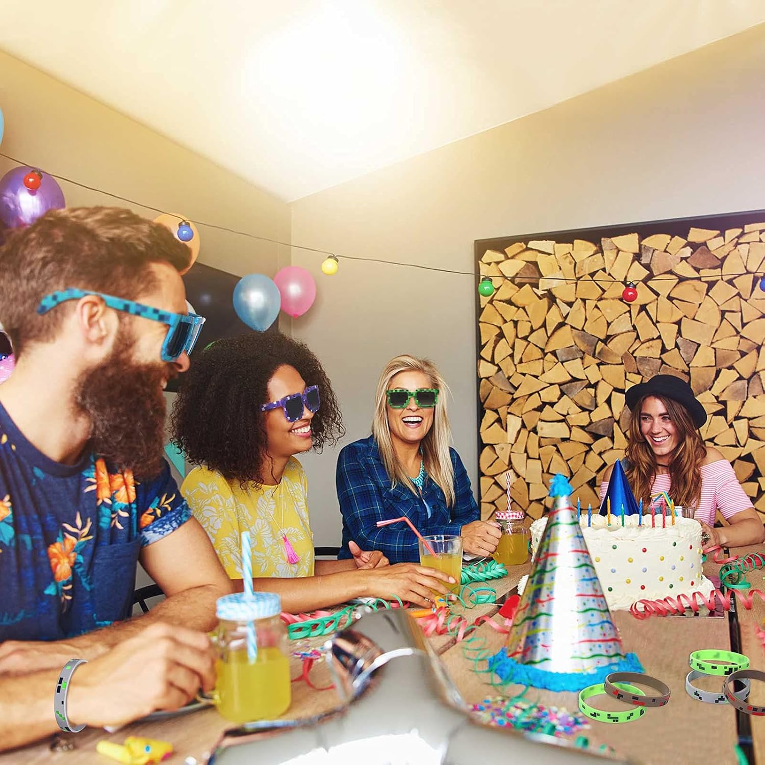 24 Pieces Miner Party Set Include 12 Pixel Gamer Sunglasses Pixelated Glasses,12 Pixelated Theme Bracelet Miner Wristbands for Kids Adults Pixelated Style Game Player Birthday Party Favors