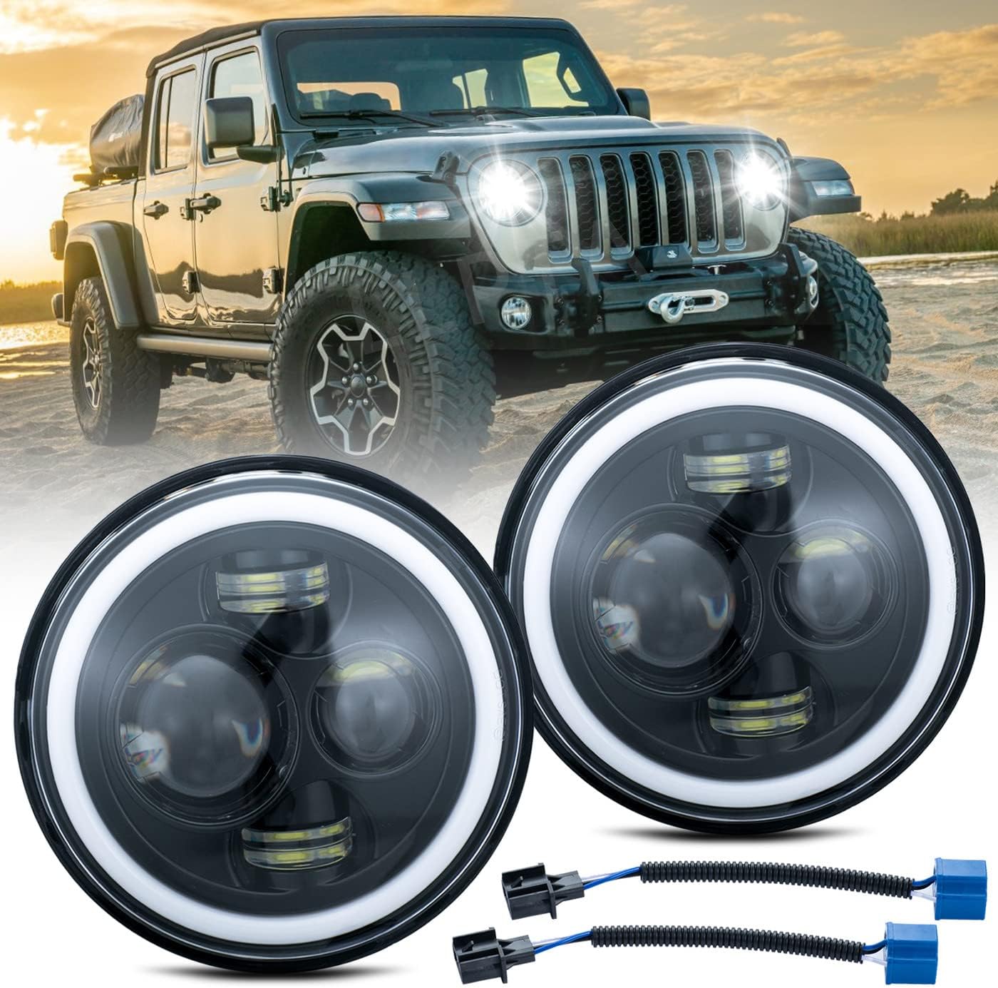 2pcs 7" Inch Round Amber Turn Signal White High/Low Beam DRL Daytime Running Lights Halo Angle Eye Projector Headlights Assembly+H4-H13/9008 Adaptors Compatible With 97-18 Wrangler TJ/LJ/JK