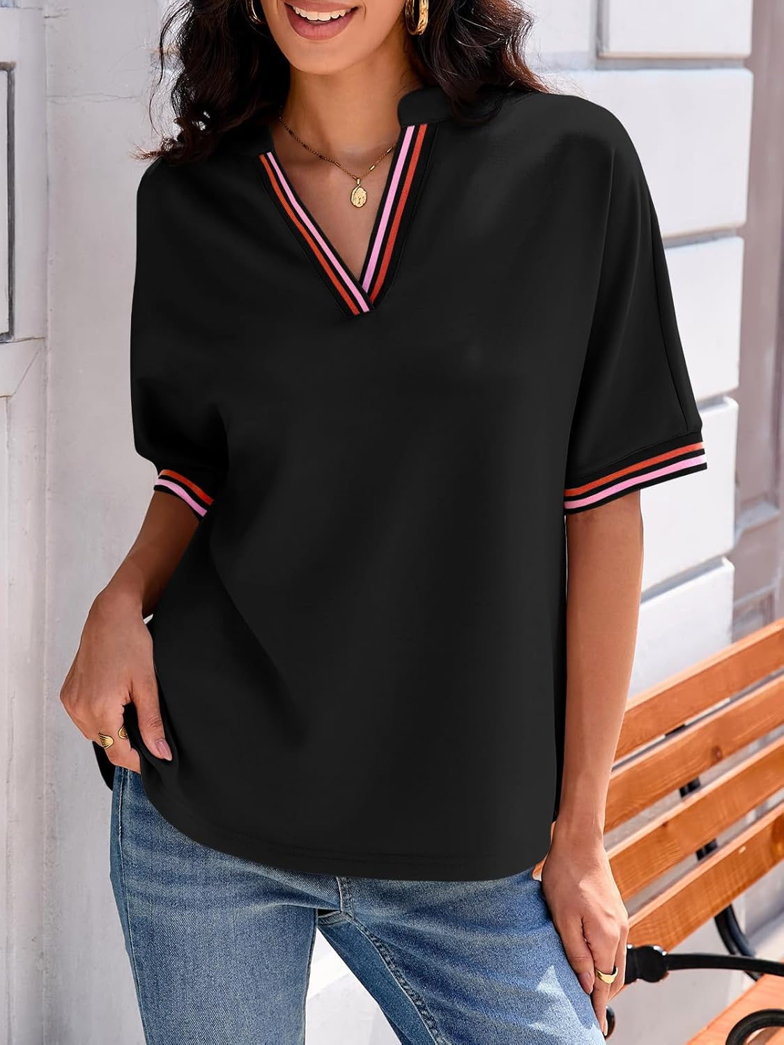 Tankaneo Womens Oversized T Shirt Casual V Neck Half Sleeve Color Block Work Tops Loose Fit Tunic Tees - Image 3