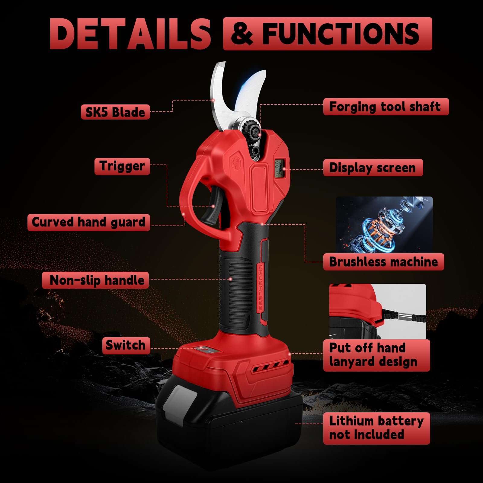 Élagueur électrique sans fil 45 mm pour Milwaukee 18 V (sans piles), moteur sans brosses, scie électrique à batterie, ciseaux pour branche, ciseaux LCD, élagage d'arbres fruitiers