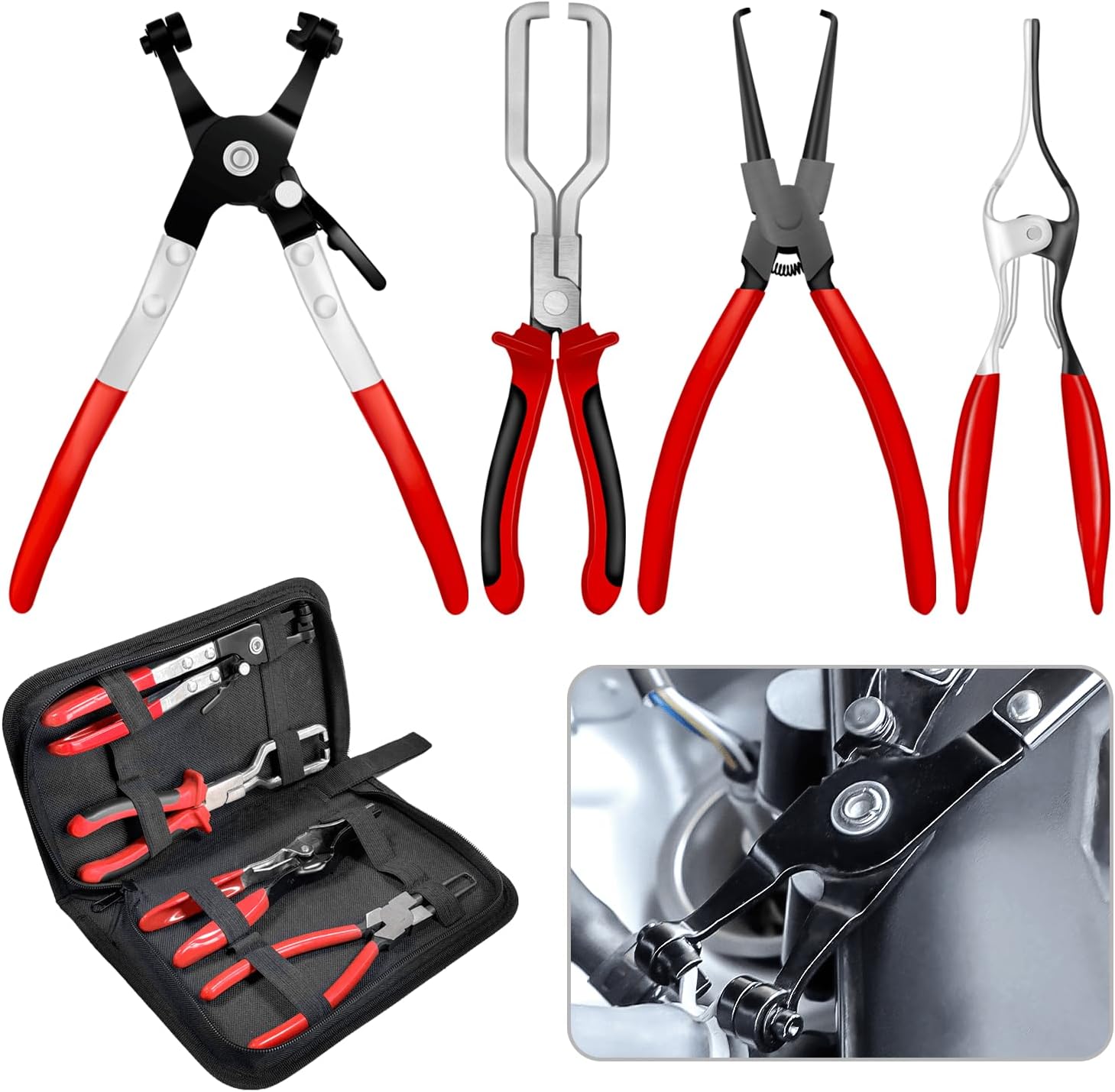 Clamp Removal Tool, Fuel Line Pliers for Radiator Fuel & Vacuum Line Repair | Hose Clamp Pliers Set, Straight Clamp Tool, Removal Plier, Large & Small Jaw Fuel Line Tools, Oxford Storage Bag
