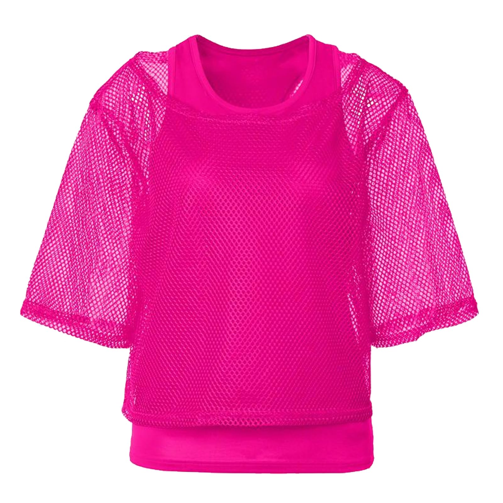 DAVBNM 80s Neon Fishnet Top, Mesh T Shirt for Women Girls, 1980s Neon Fancy Dress Disco Costume, for Retro Theme Party (Tops+Vest)