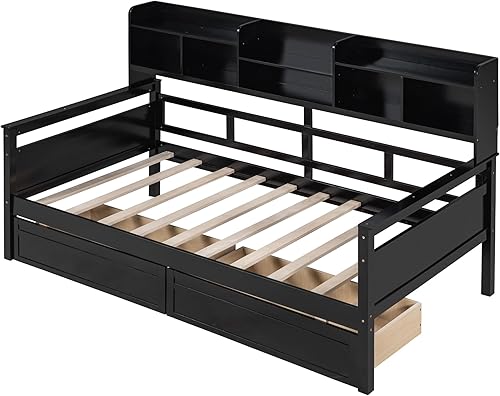 Miniatura 14 de Merax Sofá cama individual con listones de madera, soporte moderno sofá cama con rieles, tamaño individual, blanco marfil Marfil blanco,Espresso