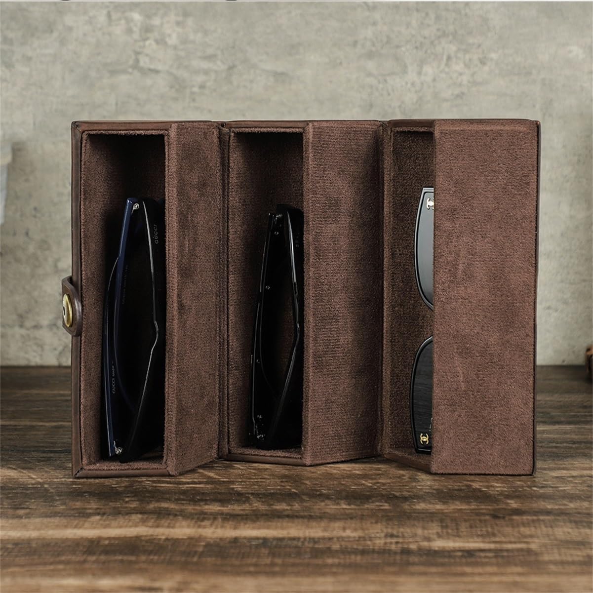 Étui à Lunettes Vintage en Cuir 3 emplacements, cylindrique, Fermeture Pression, Doublure Velours, Rangement Portable Homme Femme
