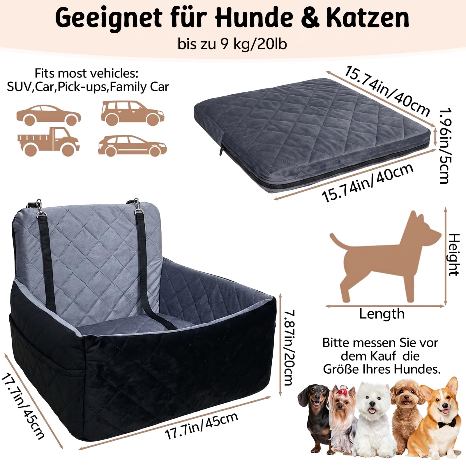 Hunde Autositz für kleine bis mittlere Hunde, Waschbares mit Aufbewahrungstaschen Memory-Schaum Hundebooster rutschfeste Unterseite & 2 Sicherheitsgurte, Reise-Hundebett für Vordersitz und Rückbank