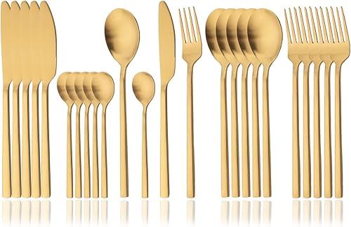 JASHII Juego de cubiertos cepillados, 24 piezas de acero inoxidable, servicio para 6, cucharas de tenedor de cuchillo mate con mango plano cuadrado,