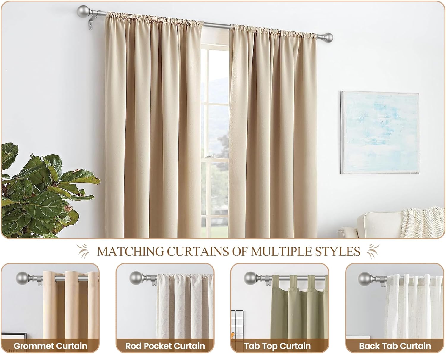 KAMANINA 2 Pack Curtain Rods 32 to 58 Inch (2.6-4.8ft), 7/8 Inch Single Heavy Duty Curtain Rods for Windows Adjustable Decorative Drapery Rod with Round Finials, Antique Silver