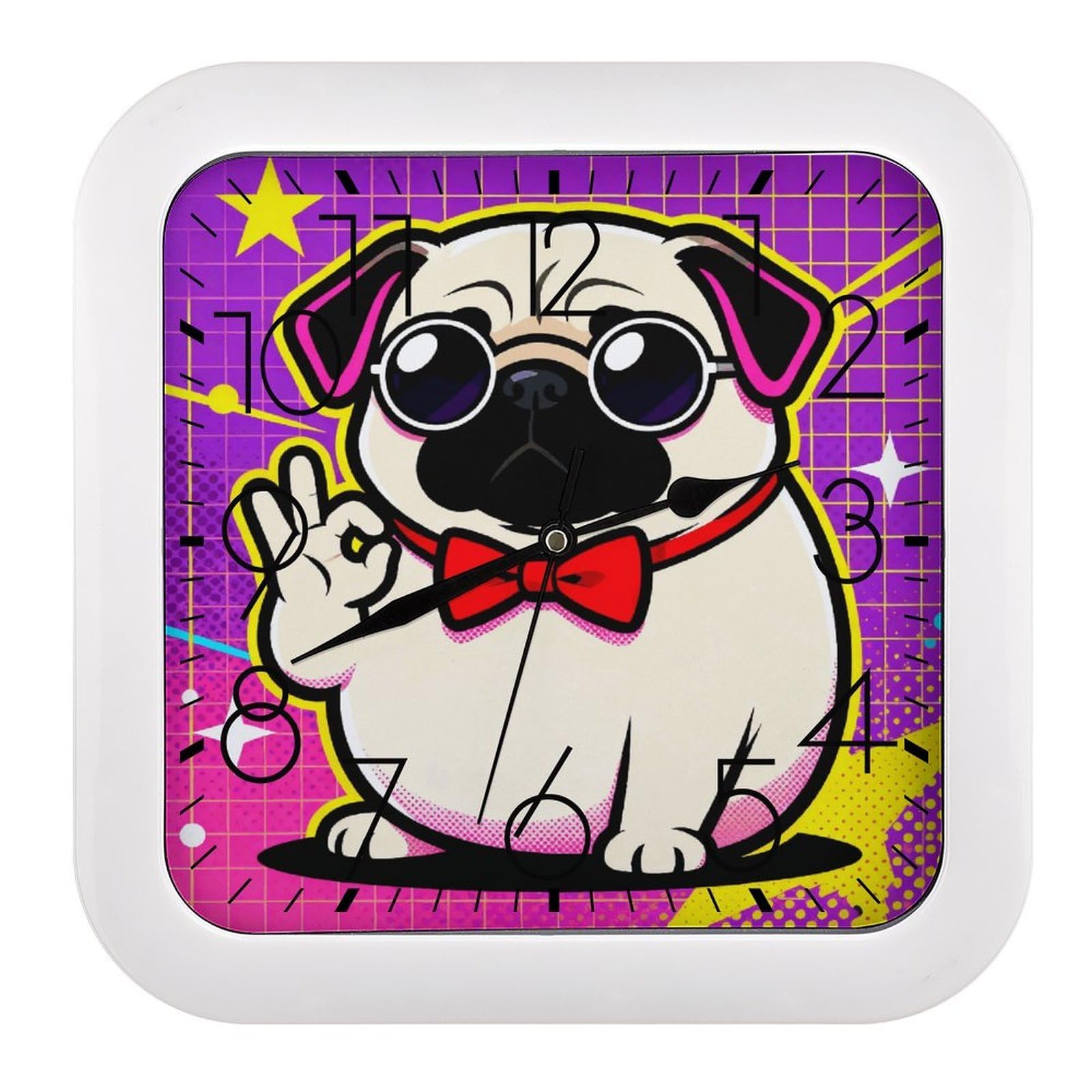 LZQPOEAS Cute Pug Dog Print Square Wall Clock, 10.2 Inch Battery Operated Silent Non-Ticking Wall Clock, Square Analog Decorative Clock for Home Wall Art, Living Room, Bedroom, and Office