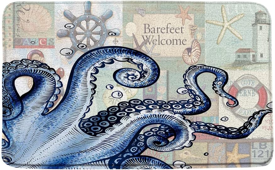 Sunhe Print Microfiber Memory Foam,Blue Octopus Tentacles Ocean Kraken Vintage Watercolor Sea Animal Marine Life Soft Home Office Door Bathroom Mat/Bath Rugs