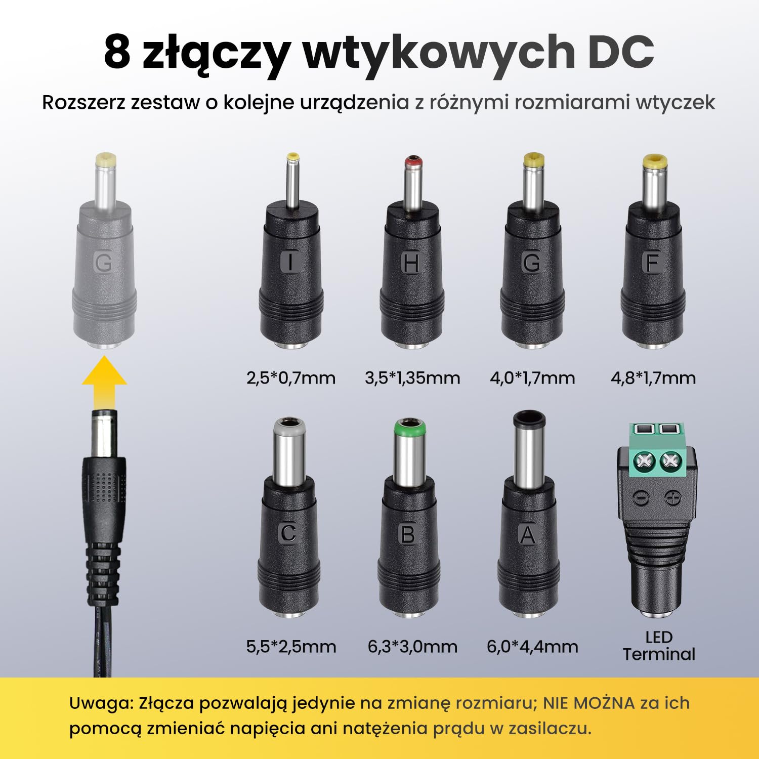 Zasilacz 12 V, 2 A, 1,8 m, adapter przełącznika AC DC (wejście 100-240 V, wyjście 12 V 2A), gniazdo transformatora do montażu na ścianie z 8 wymiennymi gniazdami, certyfikat CE