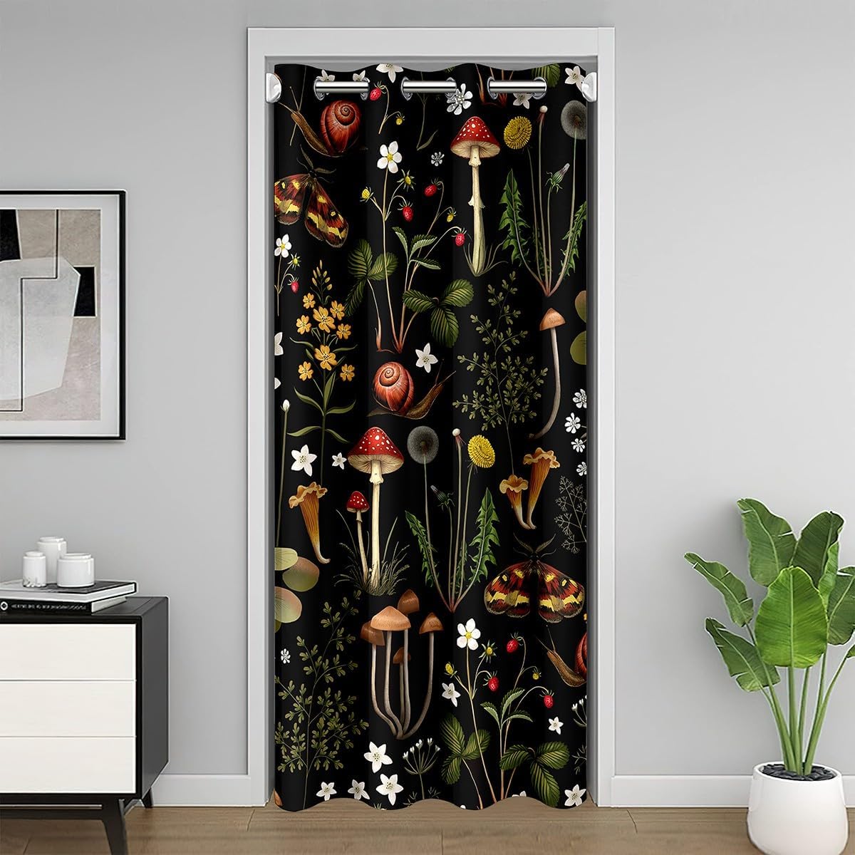 Cute Mushroom Door Curtain Wild Flowers Jungle Plants Decor Doorway Curtain for Closet Door Natural Moth Snail Rustic Style Door Drape for Bedroom Privacy 1 Panel 34" W X 80" L