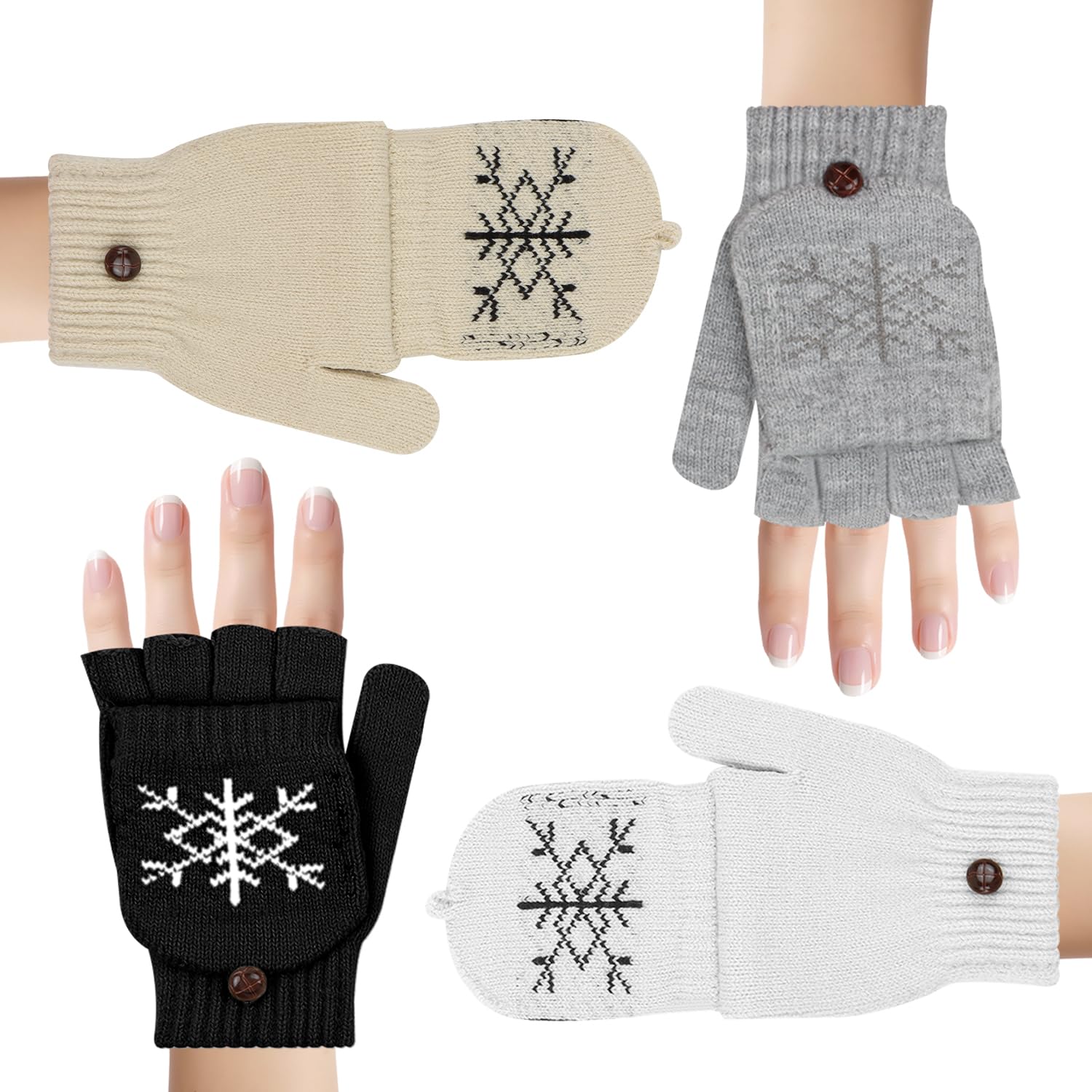 agctrler 4 Paar Winterhandschuhe Herren Damen, Fingerlos Handschuhe mit Kappe, Halbfinger Fäustlinge Warme Wollhandschuhe für Radfahren Fahren Camping Wandern Angeln