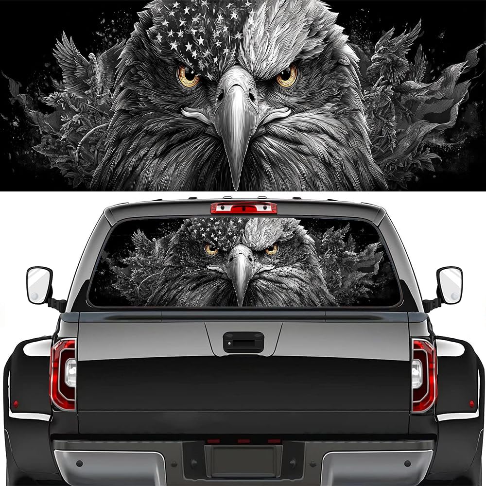 Fierce Bird Truck Rear Window Graphic Decals, Majesty American Eagle Pickup Car Window Stickers Truck Back Window Film Decal for Trucks SUV 66 x 22 inch