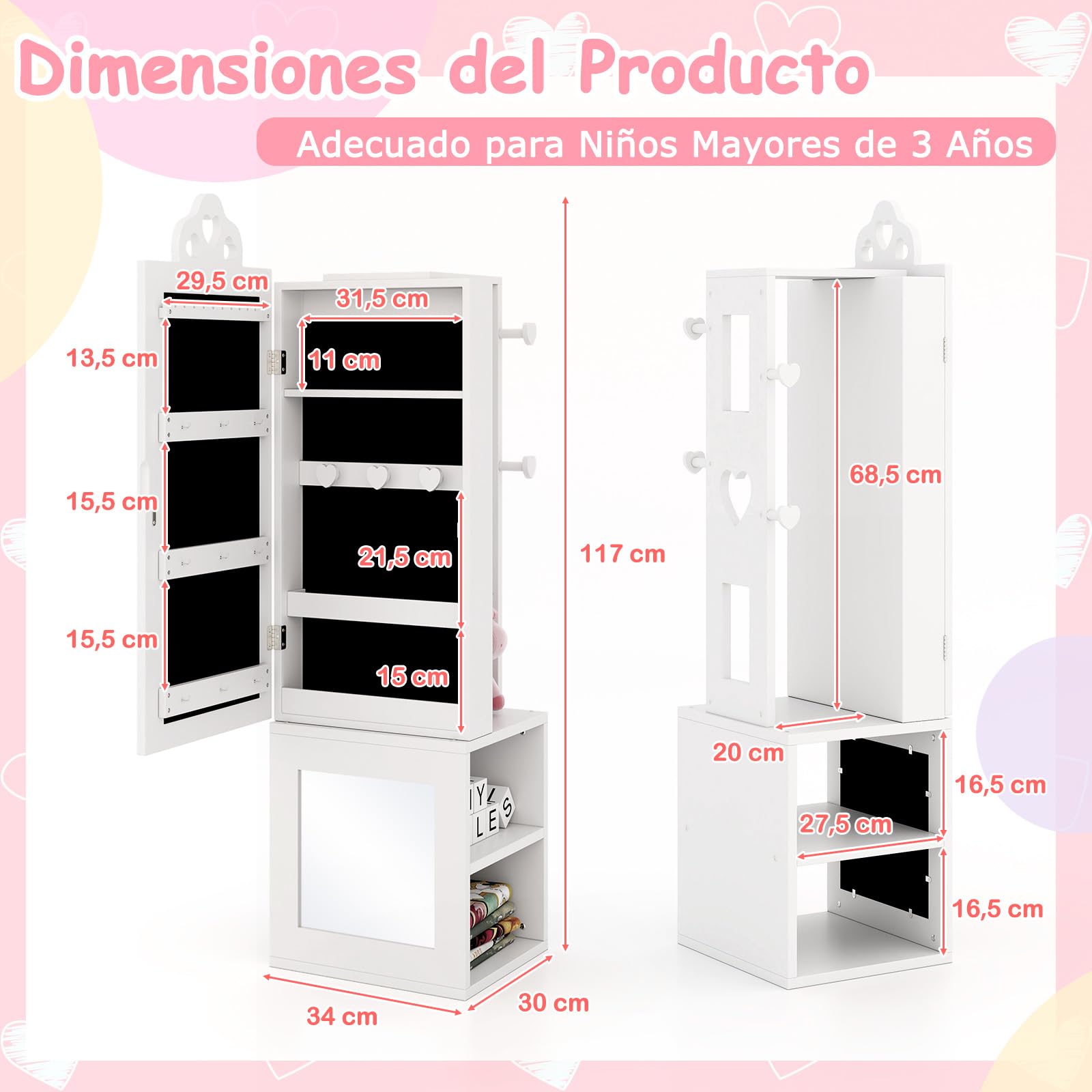 COSTWAY Armario de Joyería para Niñas 3 en 1 con Espejo y Perchero, Blanco