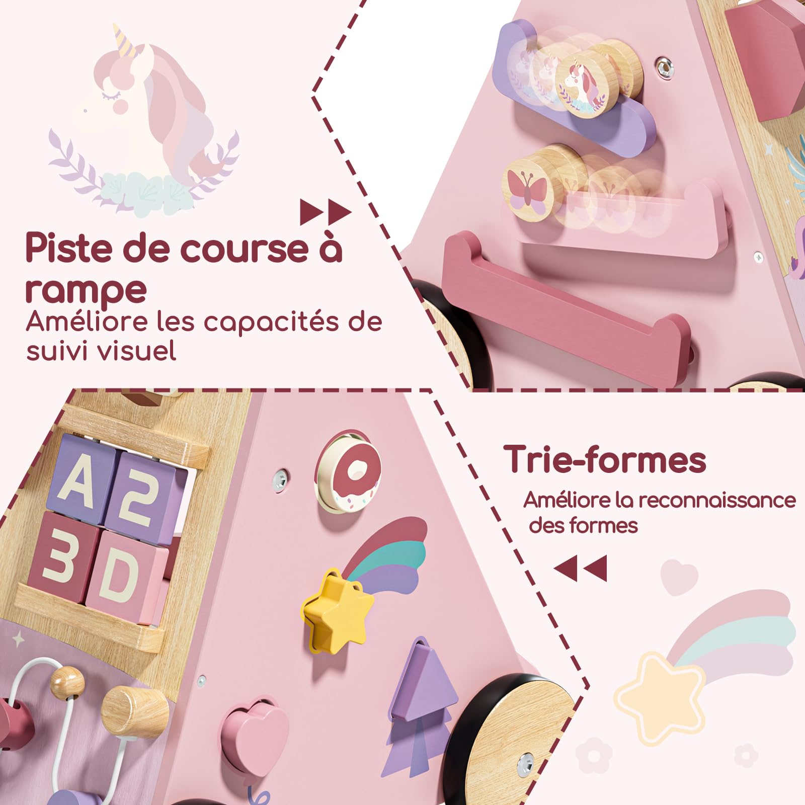 Lehoo Castle Chariot de Marche Bébé en Bois, Trotteur Bébé Fille | Baby Walker avec Frein Réglable, Licorne Rose, Centre d’Activités 10-en-1, Aide à la Marche, Cadeau pour Fille de 1 An