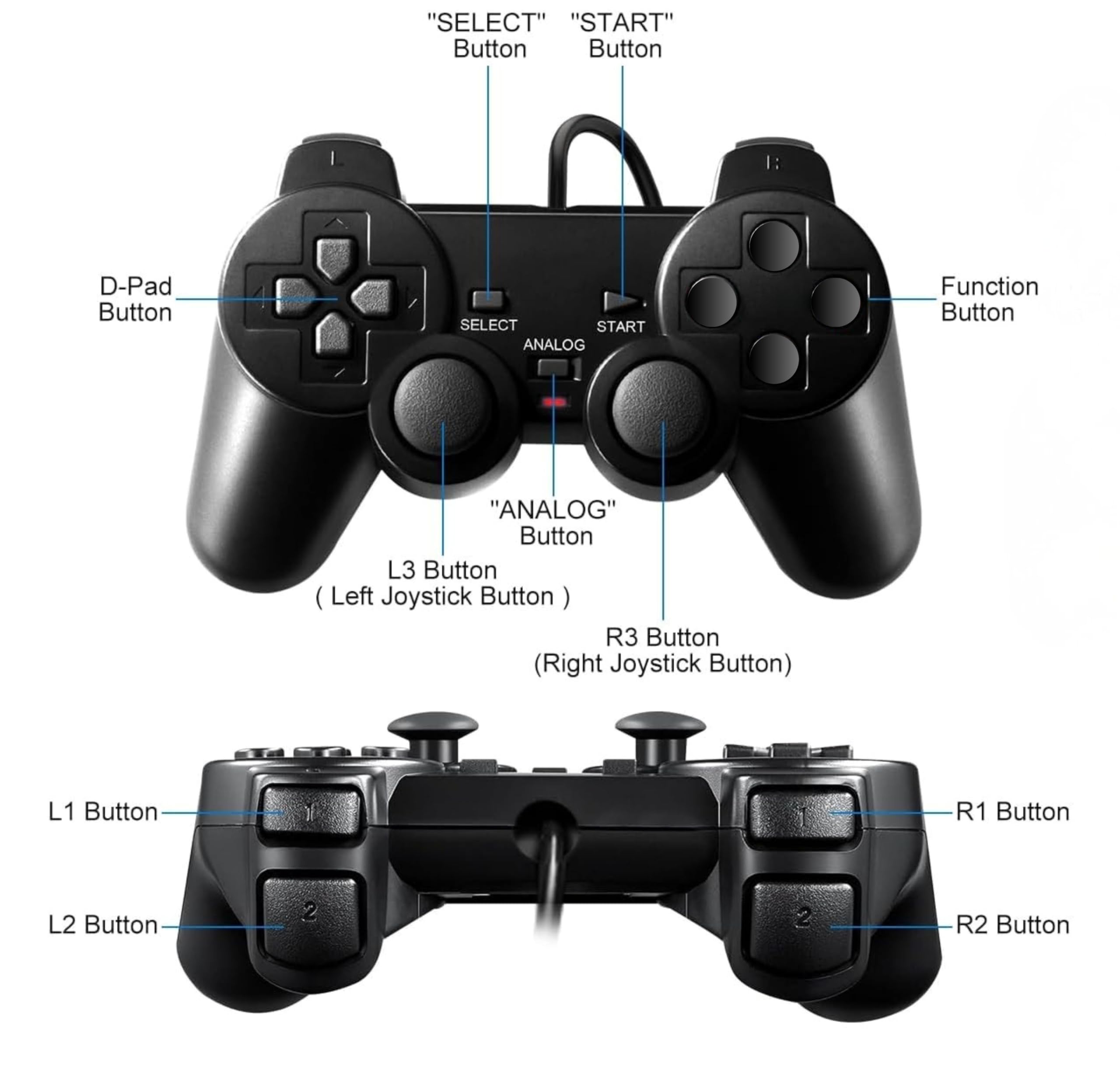 FLLAGG20 | 2X Controller cablato Compatibile con Ps2, PS1, PSX | Nero, 1.8m cavo, | Doppia Vibrazione, Plug and Play, layout ergonomico | Joystick Compatibile con giochi arcade