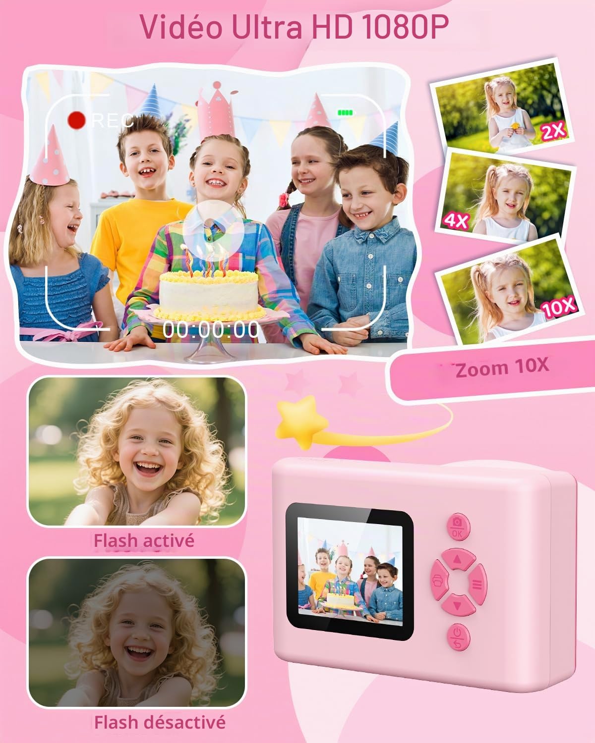 Appareil Photo Instantané Enfant, 1080P Appareil Photo Numérique Enfant, Caméra Vidéo avec Écran 2,4 Pouces, LED Flash, Carte TF 32 Go, Papier d'impression, Cadeau pour Filles Garçons 3-12 Ans, Rose