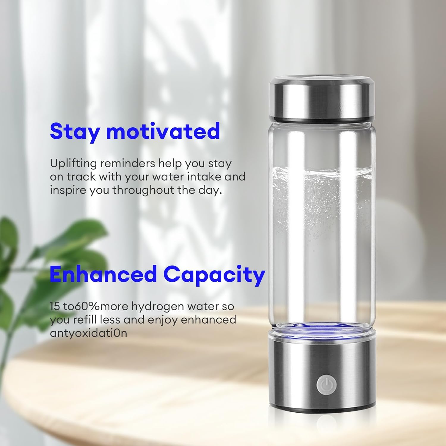 Hydrogen Water Bottle Generator – 2500+ PPB in 3 Mins, SPE/PEM Tech Portable Hydrogen Machine, 16oz Glass, USB-C Rechargeable, Drink or Inhale for Antioxidant Wellness, Home, Gym & Travel