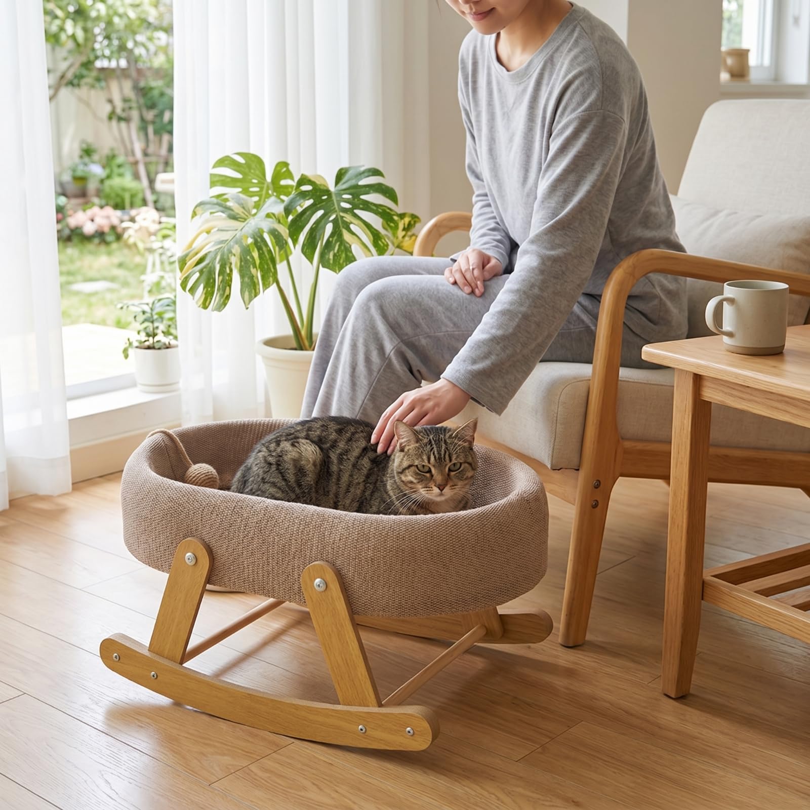 Colcolo 1 Pezzo Amaca Letto Rete per Gatti Culla Dondolo Ovale Cuccia Sospesa Ventilata Base a Dondolo in Legno Bordo Cushione, Culla A Dondolo In Tessuto A Rete Modello In Lino