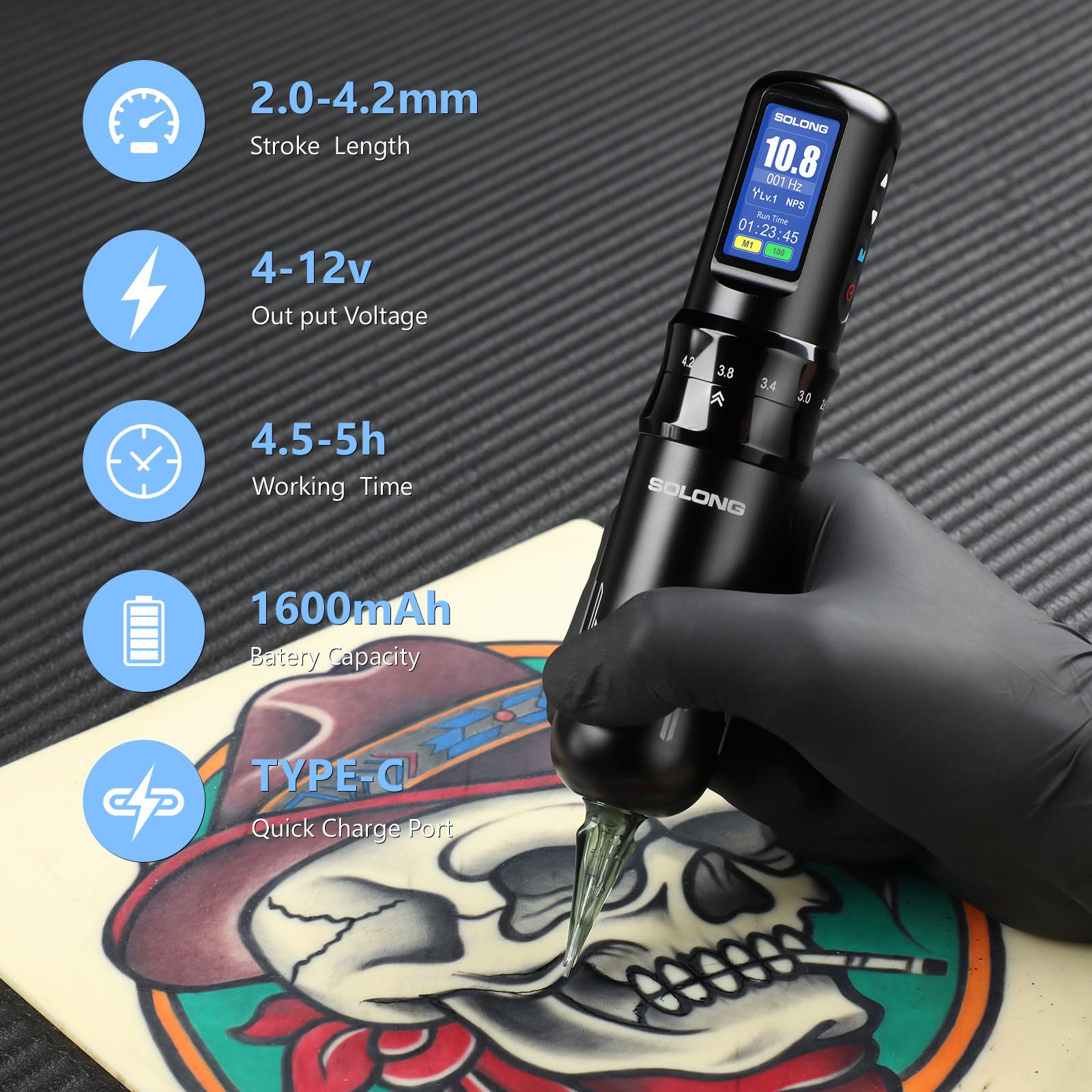 Solong Tattoo Kit, 7 Strokes,Profi Rotary Wireless Tattoo Maschine Set mit 1600mAh Akku, LCD Display, 20 Tattoo Nadeln und 8 Tattoo Farben Komplettes Tattoo Set für Anfänger & Künstler SL-TKE200AEU-1