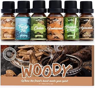 SNOWSEN Woody Essential Oil Set, 6 Pure Wood Scents - Frankincense, Cedar, Sandalwood, Agarwood, Frosty Fir, Bamboo & Teak Essential Oils for Diffusers, Humidifiers, Cleaning, DIY Soaps & Candles