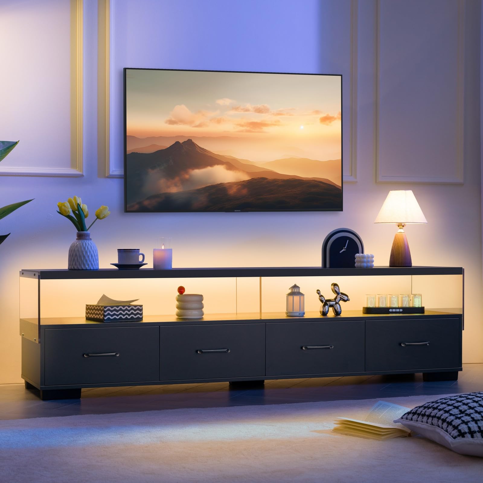 Cubehom 71-inch Black LED TV Stand with a large television on top, showcasing its modern design and integrated LED lighting.