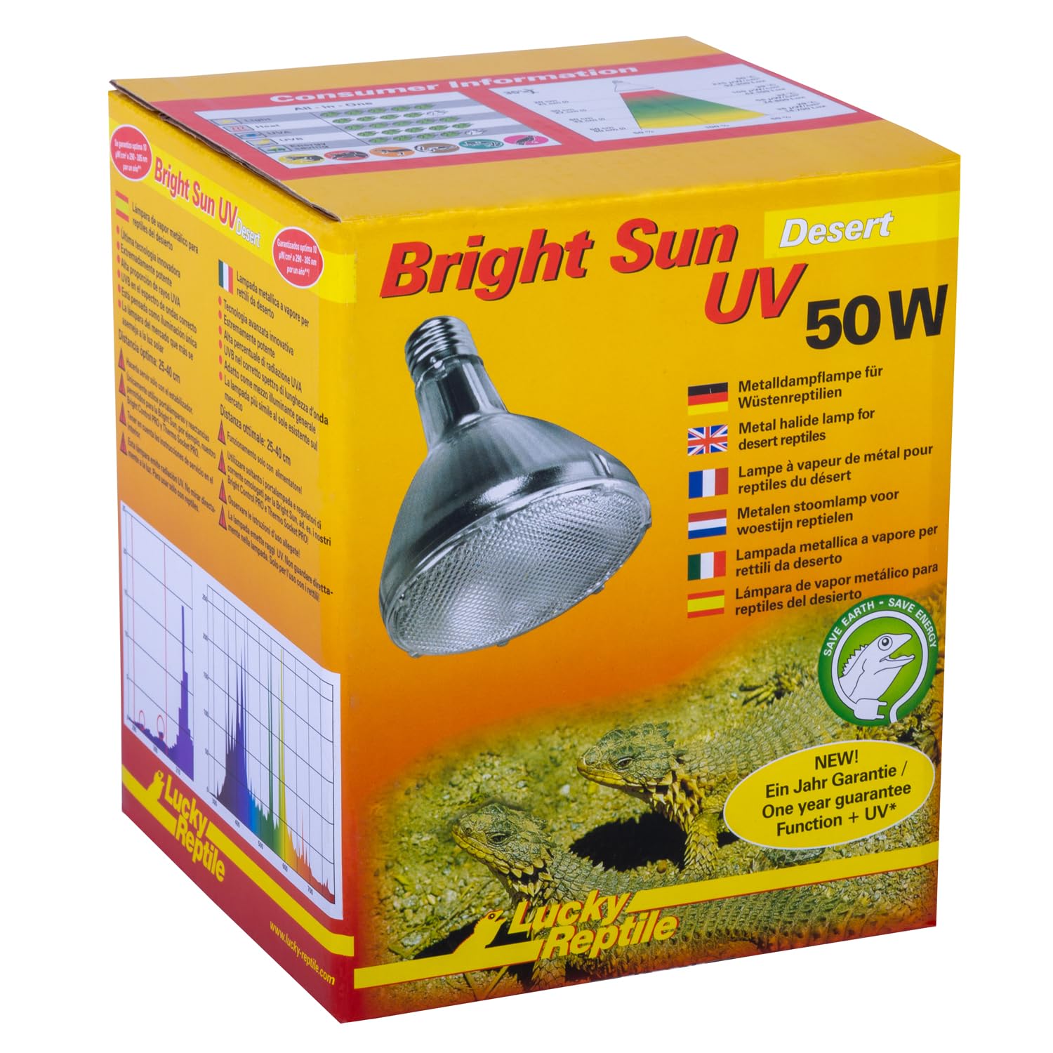 Lucky Reptile Bright Sun UV Desert - Metalowa lampa parowa 50W do opraw E27 - Lampa do terrarium ze światłem dziennym - Lampa grzewcza z promieniowaniem UVA UVB - Lampa dla gadów pustynnych