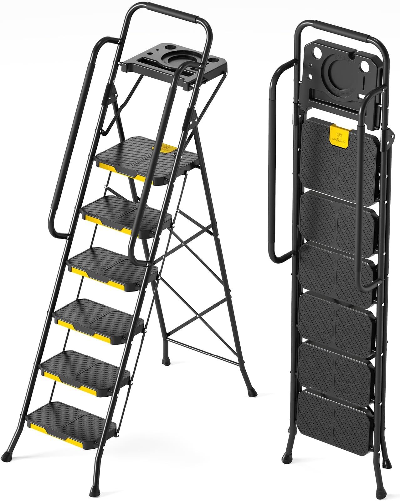 6 Step Ladder with Tool Platform, Folding Step Stool with Handrails, Sturdy Steel Ladder with Wide Pedal, 800 LBS Portable Safety Ladder for Painting Home Outdoor Garage
