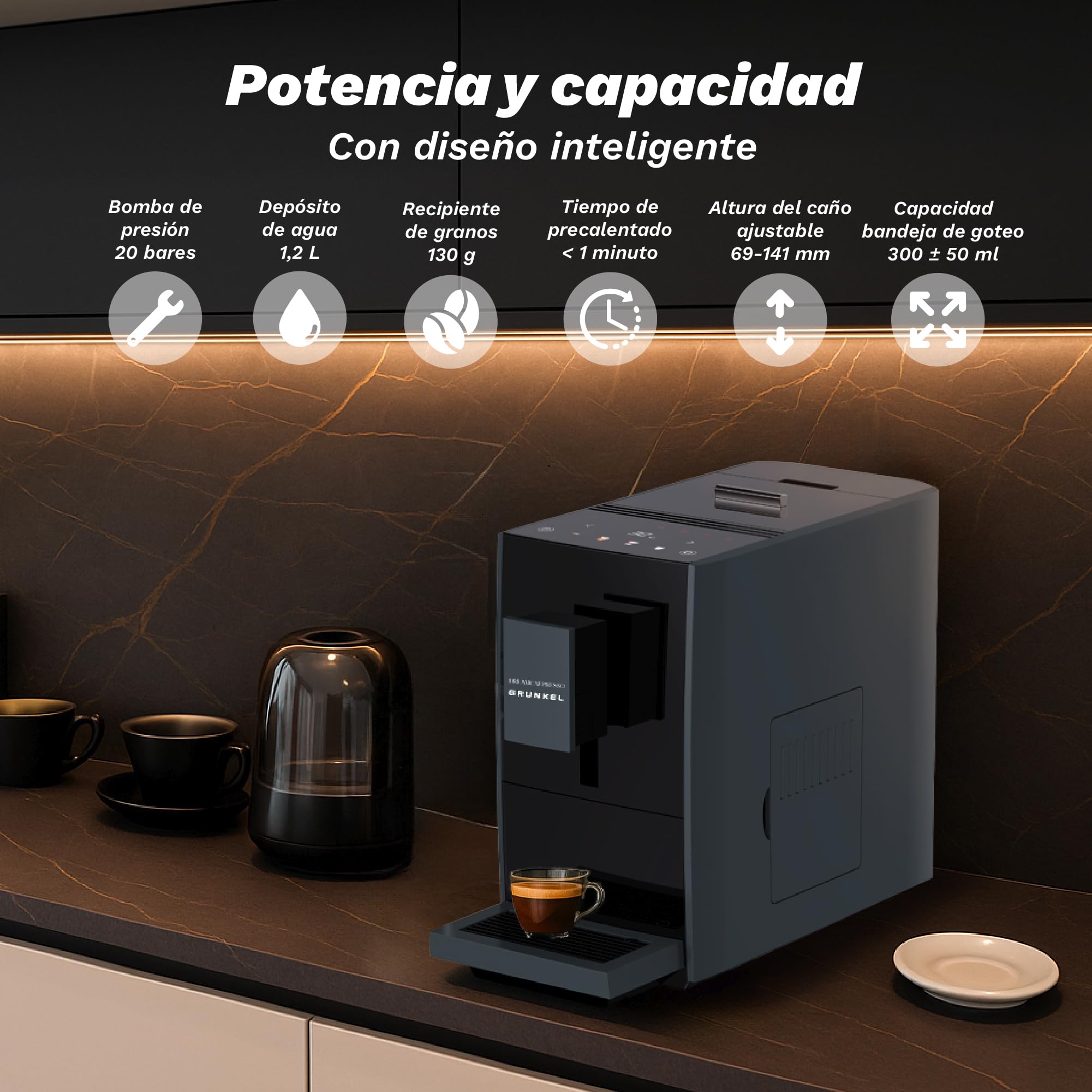 Grunkel DARKCAFPRESSO, Cafetera Súper Automática, 20 Bares, 1,2L, Molinillo Desmontable, Pantalla Táctil